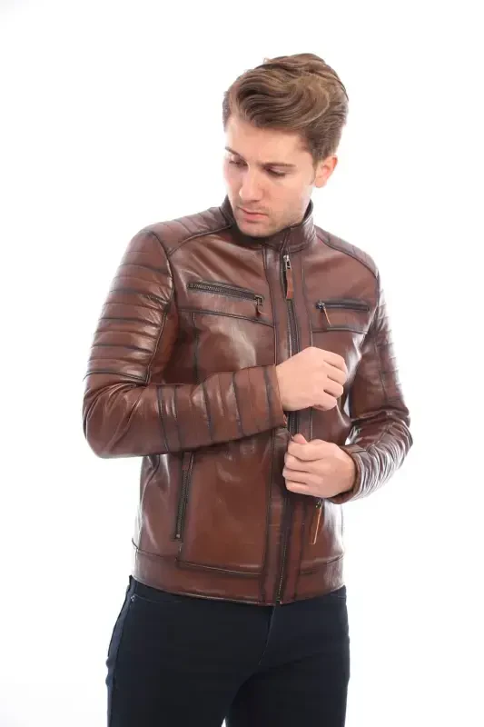 Derimont Style Our Business Embroidered Genuine Men's Leather Jacket-brown - 6