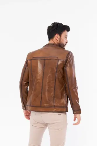 Derinss Der166 Genuine Leather Men's Tan Jacket-TAN - 4