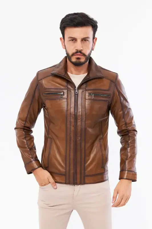 Derinss Der166 Hakiki Deri Erkek Taba Mont-TABA - DERİNSS