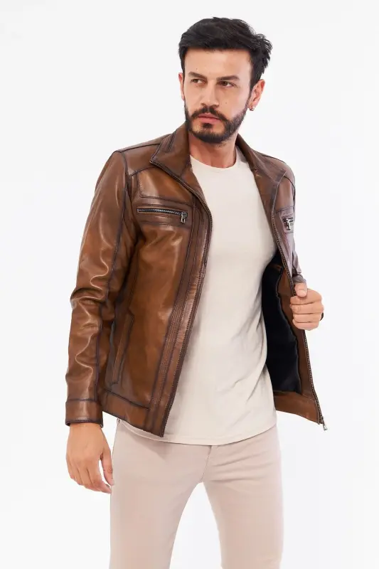 Derinss Der166 Haqiqiy Teri Erkak Taba Mont-TABA - 6