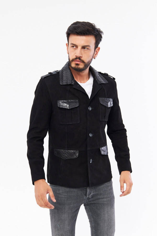 Derinss Der703p Genuine Python Embellished Genuine Leather Men's Black Jacket - 1