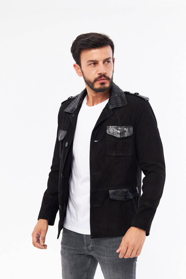 Derinss Der703p Genuine Python Embellished Genuine Leather Men's Black Jacket - 13