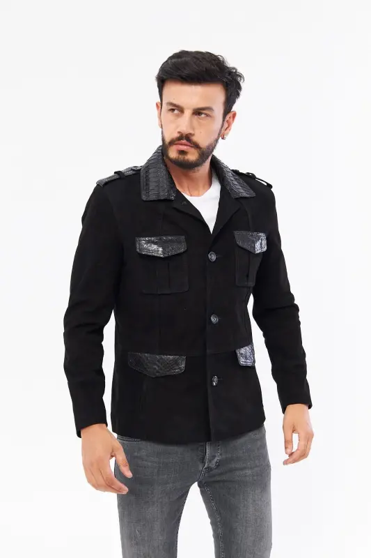 Derinss Der703p Genuine Python Embellished Genuine Leather Men's Black Jacket - 2