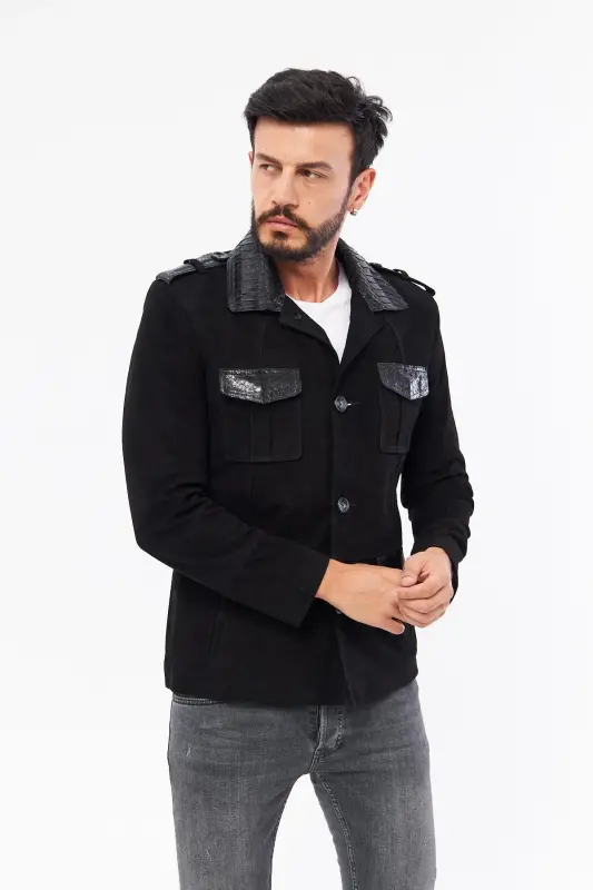 Derinss Der703p Genuine Python Embellished Genuine Leather Men's Black Jacket - 4