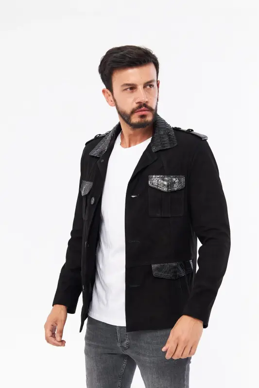 Derinss Der703p Genuine Python Embellished Genuine Leather Men's Black Jacket - 6