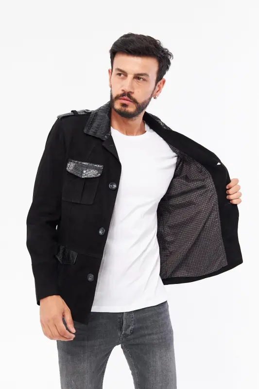 Derinss Der703p Genuine Python Embellished Genuine Leather Men's Black Jacket - 8