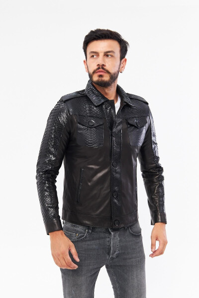 Derinss Der721p Genuine Python Genuine Leather Men's Black Jacket - 7