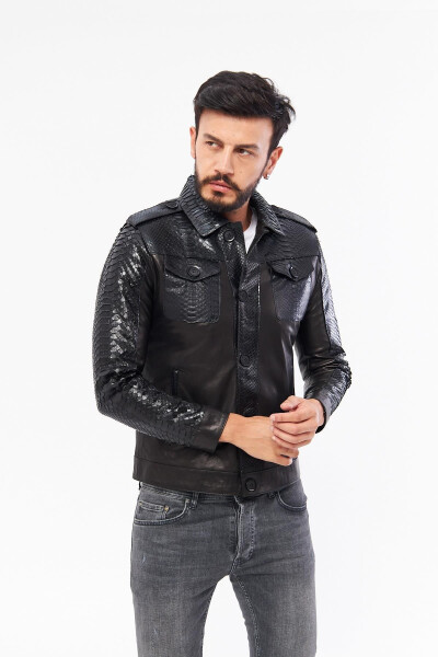 Derinss Der721p Genuine Python Genuine Leather Men's Black Jacket - DERİNSS