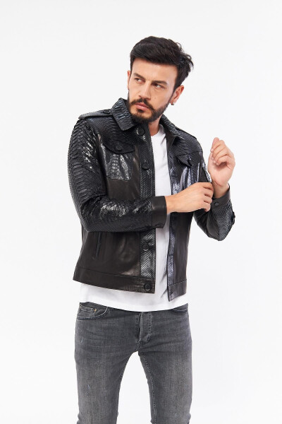 Derinss Der721p Genuine Python Genuine Leather Men's Black Jacket - DERİNSS (1)