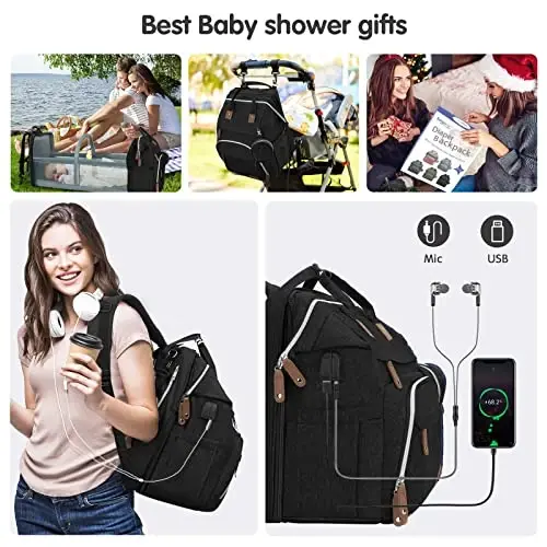 DERJUNSTAR Baby Diaper Bag Backpack, Diaper Changing Station, Baby Bags for Boys Girls,Waterproof Changing Pad,USB Charging Port,Pacifier Case, Sunshade and Toy Bar, - 6