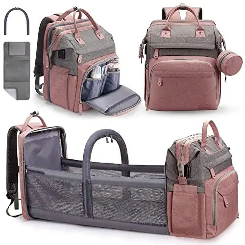 DERJUNSTAR Baby Diaper Bag Backpack, Diaper Changing Station, Baby Bags for Boys Girls,Waterproof Changing Pad,USB Charging Port,Pacifier Case, Sunshade and Toy Bar, Pale Pink 