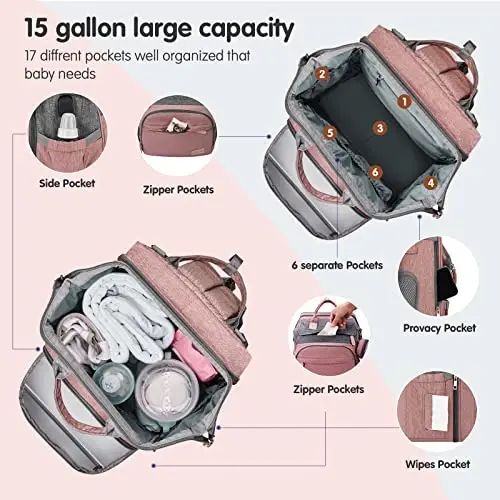 DERJUNSTAR Baby Diaper Bag Backpack, Diaper Changing Station, Baby Bags for Boys Girls,Waterproof Changing Pad,USB Charging Port,Pacifier Case, Sunshade and Toy Bar, Pale Pink - MODAZONE (1)