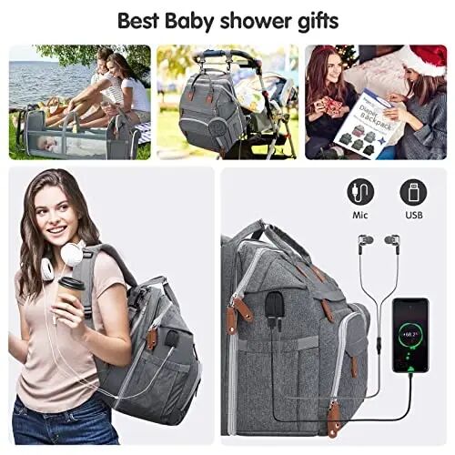 DERJUNSTAR Baby Diaper Bag Backpack with Changing Station Large Capacity Baby Bag for Boys & Girls, USB Charging Port, Pacifier Case, Sunshade & Toy Bar, Waterproof - 6