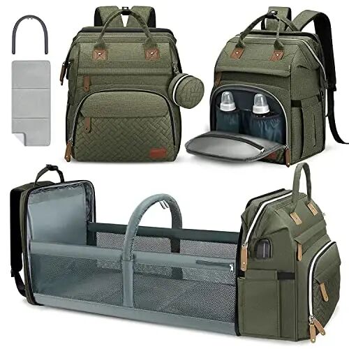 DERJUNSTAR Baby Diaper Bag Backpack with Changing Station Large Capacity Baby Bag for Boys & Girls, USB Charging Port, Pacifier Case, Sunshade & Toy Bar, Waterproof, Forest - 1