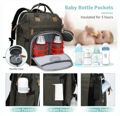 DERJUNSTAR Baby Diaper Bag Backpack with Changing Station Large Capacity Baby Bag for Boys & Girls, USB Charging Port, Pacifier Case, Sunshade & Toy Bar, Waterproof, Forest - 3