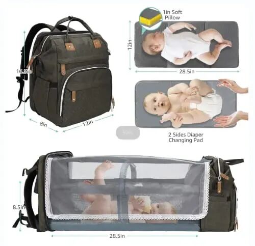 DERJUNSTAR Baby Diaper Bag Backpack with Changing Station Large Capacity Baby Bag for Boys & Girls, USB Charging Port, Pacifier Case, Sunshade & Toy Bar, Waterproof, Forest - 5
