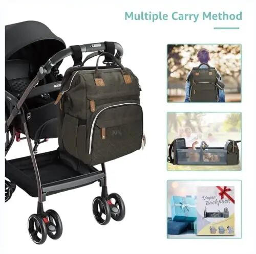 DERJUNSTAR Baby Diaper Bag Backpack with Changing Station Large Capacity Baby Bag for Boys & Girls, USB Charging Port, Pacifier Case, Sunshade & Toy Bar, Waterproof, Forest - 6