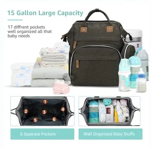DERJUNSTAR Baby Diaper Bag Backpack with Changing Station Large Capacity Baby Bag for Boys & Girls, USB Charging Port, Pacifier Case, Sunshade & Toy Bar, Waterproof, Forest - DERJUNSTAR (1)