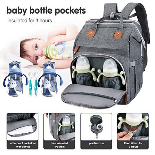 DERJUNSTAR Baby Diaper Bag Backpack with Changing Station – Large Capacity Baby Bag for Boys & Girls, USB Charging Port, Pacifier Case, Sunshade & Toy Bar, Waterproof, Pale Grey - 4