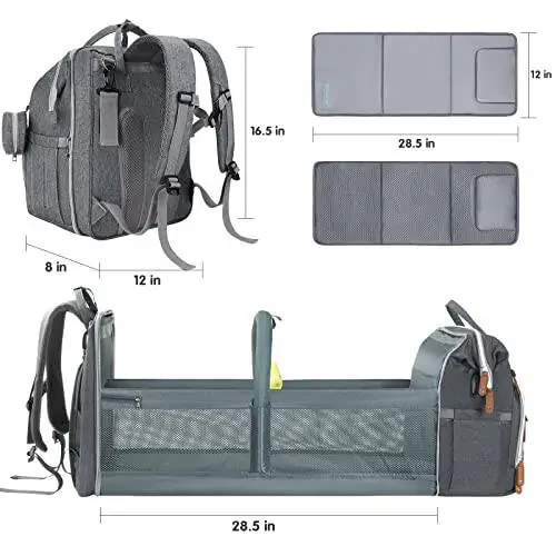 DERJUNSTAR Baby Diaper Bag Backpack with Changing Station – Large Capacity Baby Bag for Boys & Girls, USB Charging Port, Pacifier Case, Sunshade & Toy Bar, Waterproof, Pale Grey - 6