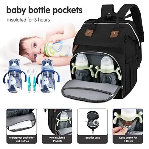 DERJUNSTAR Baby Diaper Bag Backpack with Changing Station, Waterproof Black | Diaper Changing Station, For Boys Girls, USB Charging Port, Pacifier Case - 3