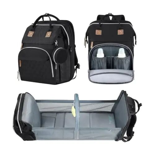 DERJUNSTAR Baby Diaper Bag Backpack with Changing Station, Waterproof Black | Diaper Changing Station, For Boys Girls, USB Charging Port, Pacifier Case - DERJUNSTAR