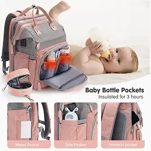 DERJUNSTAR Baby Diaper Bag Backpack with ChangingStation-Large Capacity Baby Bag for Boys & Girls, USBCharging Port, Pacifier Case, sunshade & Toy Bar,Waterproof, Baby Pink - 3