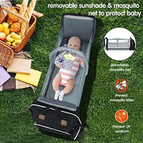 DERJUNSTAR Baby Diaper Bag Backpack, Diaper Changing Station, Baby Bags for Boys Girls,Waterproof Changing Pad,USB Charging Port,Pacifier Case, Sunshade and Toy Bar, - 4