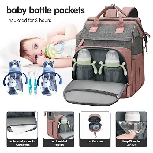 DERJUNSTAR Baby Diaper Bag Backpack, Diaper Changing Station, Baby Bags for Boys Girls,Waterproof Changing Pad,USB Charging Port,Pacifier Case, Sunshade and Toy Bar, Pale Pink - 3