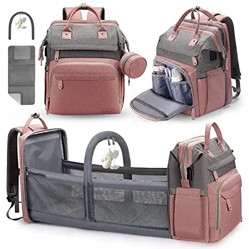 DERJUNSTAR Baby Diaper Bag Backpack, Diaper Changing Station, Baby Bags for Boys Girls,Waterproof Changing Pad,USB Charging Port,Pacifier Case, Sunshade and Toy Bar, Pale Pink - 1