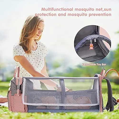 DERJUNSTAR Baby Diaper Bag Backpack, Diaper Changing Station, Baby Bags for Boys Girls,Waterproof Changing Pad,USB Charging Port,Pacifier Case, Sunshade and Toy Bar, Pale Pink - 4