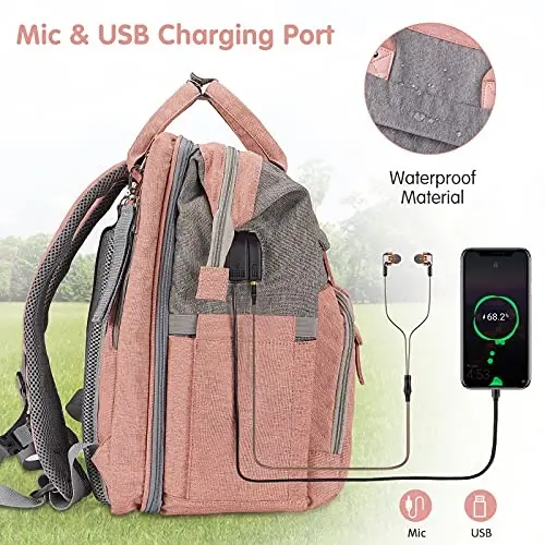 DERJUNSTAR Baby Diaper Bag Backpack, Diaper Changing Station, Baby Bags for Boys Girls,Waterproof Changing Pad,USB Charging Port,Pacifier Case, Sunshade and Toy Bar, Pale Pink - 6
