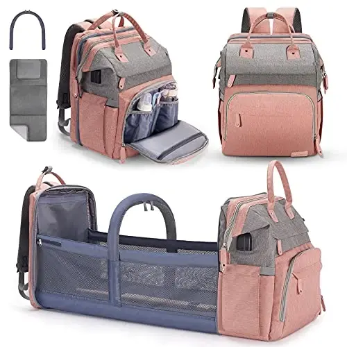 DERJUNSTAR Baby Diaper Bag Backpack with ChangingStation-Large Capacity Baby Bag for Boys & Girls, USBCharging Port, Pacifier Case, sunshade & Toy Bar,Waterproof, Baby Pink - 1