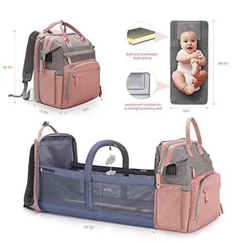 DERJUNSTAR Baby Diaper Bag Backpack with ChangingStation-Large Capacity Baby Bag for Boys & Girls, USBCharging Port, Pacifier Case, sunshade & Toy Bar,Waterproof, Baby Pink - 4
