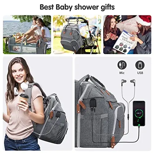 DERJUNSTAR Baby Diaper Bag Backpack with ChangingStation-Large Capacity Baby Bag for Boys & Girls, USBCharging Port, Pacifier Case, sunshade & Toy Bar,Waterproof， Pale Grey 