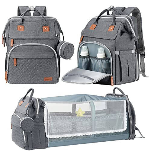 DERJUNSTAR Baby Diaper Bag Backpack with ChangingStation-Large Capacity Baby Bag for Boys & Girls, USBCharging Port, Pacifier Case, sunshade & Toy Bar,Waterproof， Pale Grey - 2