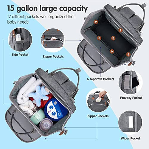 DERJUNSTAR Baby Diaper Bag Backpack with ChangingStation-Large Capacity Baby Bag for Boys & Girls, USBCharging Port, Pacifier Case, sunshade & Toy Bar,Waterproof， Pale Grey - 3