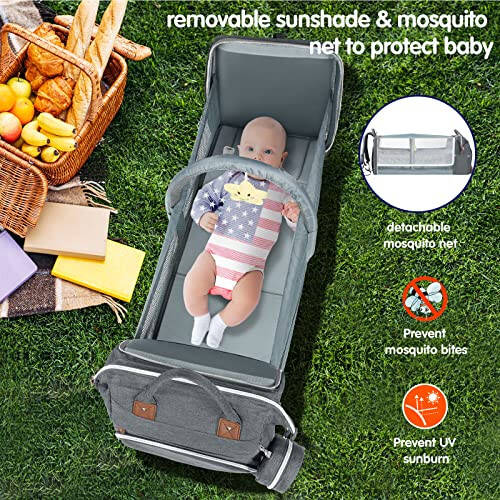 DERJUNSTAR Baby Diaper Bag Backpack with ChangingStation-Large Capacity Baby Bag for Boys & Girls, USBCharging Port, Pacifier Case, sunshade & Toy Bar,Waterproof， Pale Grey - 5