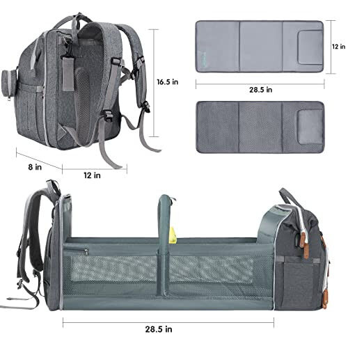 DERJUNSTAR Baby Diaper Bag Backpack with Changing Station – Large Capacity Baby Bag for Boys & Girls, USB Charging Port, Pacifier Case, Sunshade & Toy Bar, Waterproof, Pale Grey - 6