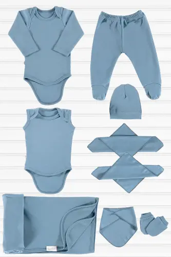 Derry Unisex 9 Parça Hastane Çıkışı Seti Organik Pamuk Yenidoğan Takımı - Mavi - Mavi - 2