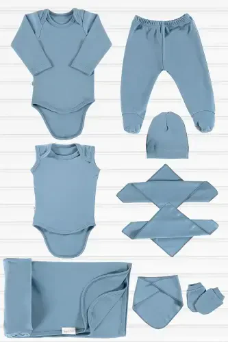 Derry Unisex 9 Pieces Hospital Outing Set Organic Cotton Newborn Set - Blue-Blue - 1