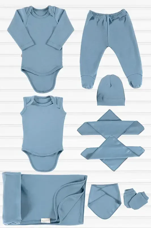 Derry Unisex 9 Pieces Hospital Outing Set Organic Cotton Newborn Set - Blue-Blue - 1
