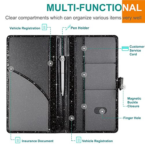 Держатель для регистрационных документов и страховки RSAquar, органайзер для перчаточного ящика автомобиля, стильные автомобильные аксессуары, держатель для автомобильных документов для карт, водительских прав и важных документов, черный с блестками - 2