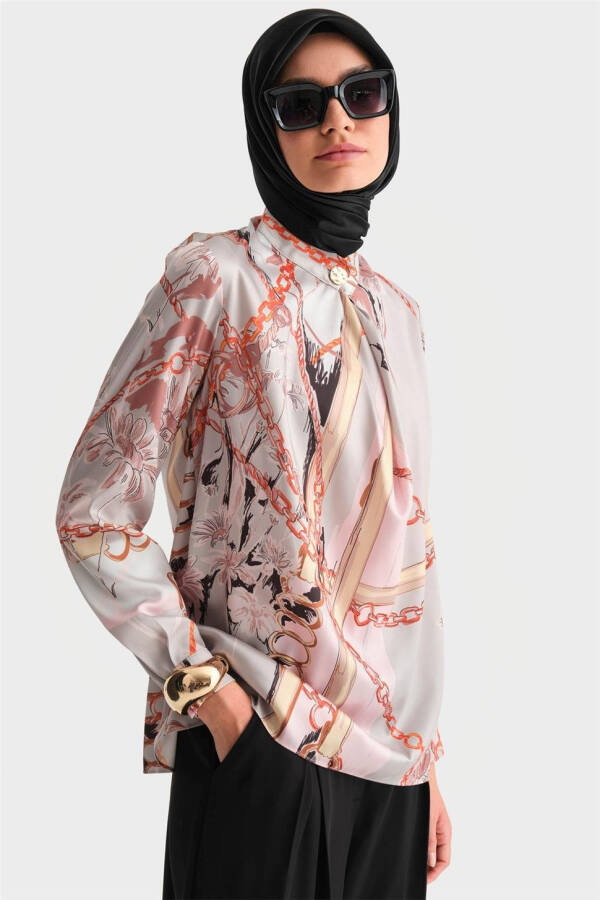 Armine Yakası Dökümlü Desenli Bluz 24K3617 Vizon - 9