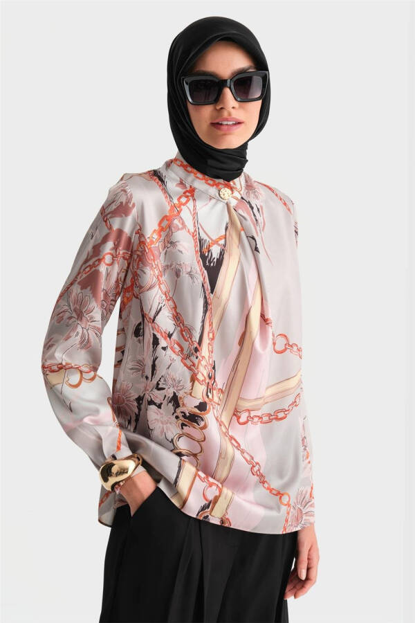 Armine Yakası Dökümlü Desenli Bluz 24K3617 Vizon - 10