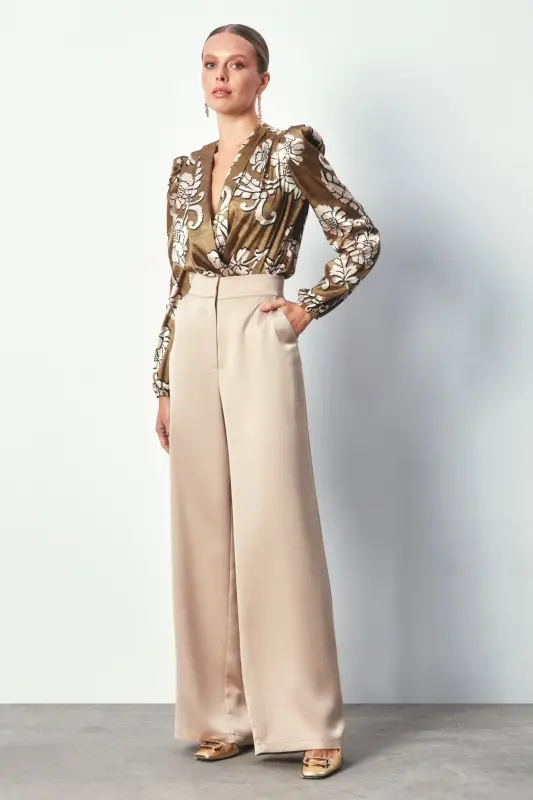 Desenli Bodysuit Bluz - Haki-HAKİ - 2