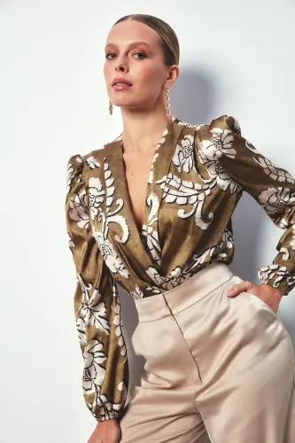 Desenli Bodysuit Bluz - Haki-HAKİ - 3