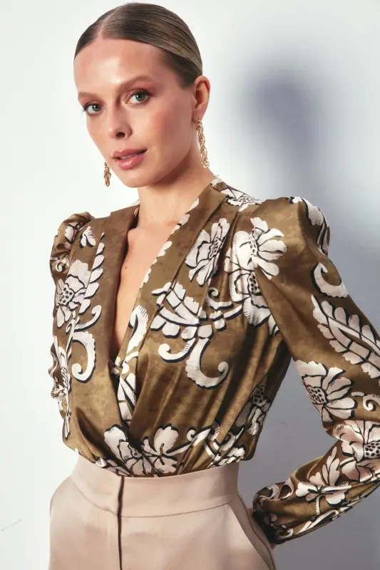 Desenli Bodysuit Bluz - Haki-HAKİ - 4