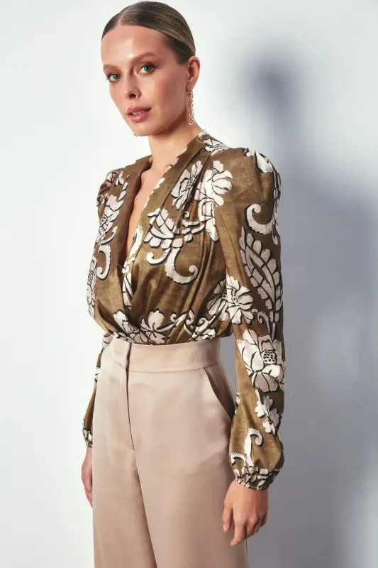 Desenli Bodysuit Bluz - Haki-HAKİ - 5