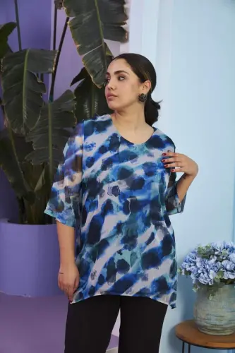 Desenli Büyük Beden Mavi Şifon Bluz - 2
